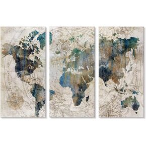 Goldfoilart Vintage World Map Canvas Wall Art Poster Teal Blue Map Decor Pictures Artwork for Bathroom Office Living Room Decorations 16" x 12"