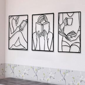 CHENGU 3 Pieces Metal Minimalist Abstract Woman Wall Art Line Drawing Wall Art Decor Single Line Female Home Hanging Wall Art Decor for Kitchen Bathroom Living Room (Black,Bath)
