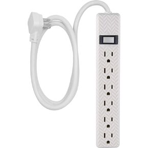 Cordinate 6 Outlet Power Strip, 4 Ft Extension Cord, Power Strip, Flat Plug, Wall Mount, for Bedroom, Dorm, or Home Décor, Integrated Circuit Breaker, UL Listed, White, Gray & Mint Stripes, 31040