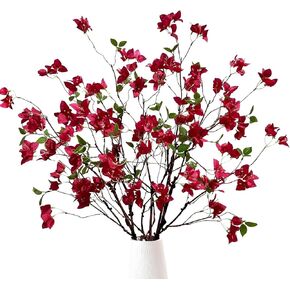 Artificial Bougainvillea Flower Branches Silk Bougainvillea Stems with Dried Tree Twigs Real Touch Faux Greenery Stems for Home Indoor Outdoor Decor Floral Bouquet Arrangements (Fuchsia - Pack of 4)