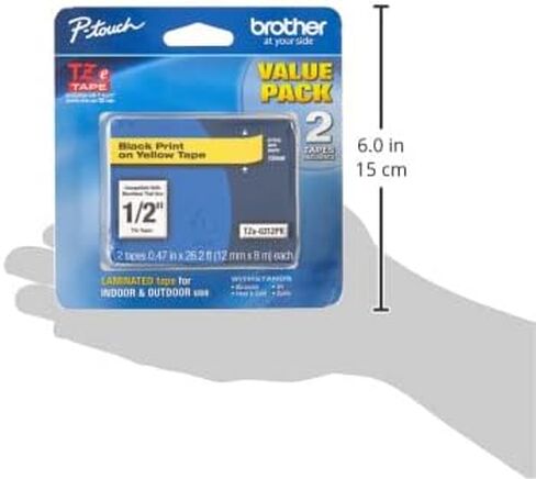 شريط Brother أصلي P-Touch، شريط TZe-6312Pk مقاس 1⁄2 بوصة (12 مم) شريط P-Touch مصفح، أسود على أصفر مثالي للاستخدام الداخلي أو الخارجي، مقاوم للماء، 26.2 قدم (8 متر) in Saudi Arabia