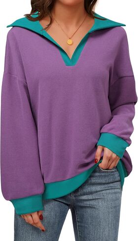 Lotusmile Sweatshirt for Women Color Block Striped Shirt Long Sleeve Lapel V Neck Lightweight Pullover Top in Saudi Arabia