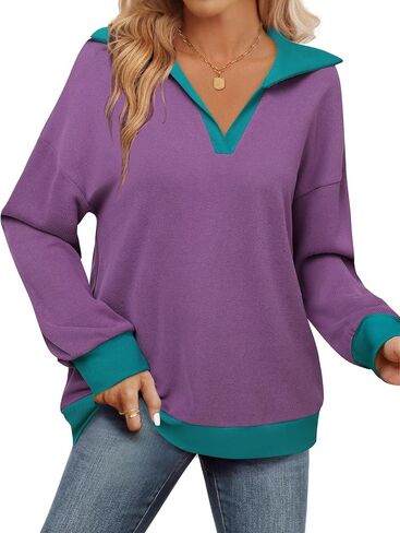 Lotusmile Sweatshirt for Women Color Block Striped Shirt Long Sleeve Lapel V Neck Lightweight Pullover Top in Saudi Arabia