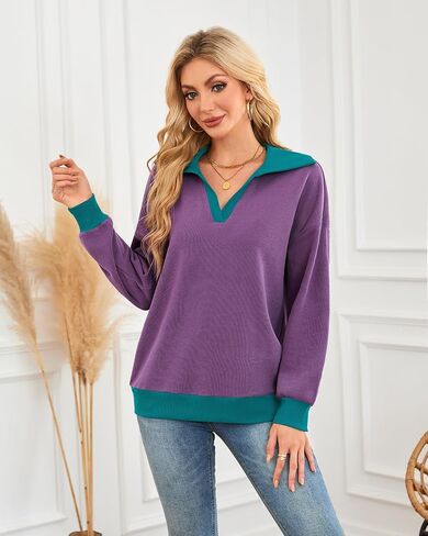 Lotusmile Sweatshirt for Women Color Block Striped Shirt Long Sleeve Lapel V Neck Lightweight Pullover Top in Saudi Arabia