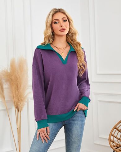 Lotusmile Sweatshirt for Women Color Block Striped Shirt Long Sleeve Lapel V Neck Lightweight Pullover Top in Saudi Arabia