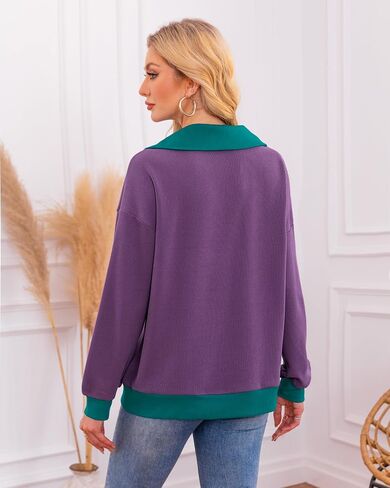 Lotusmile Sweatshirt for Women Color Block Striped Shirt Long Sleeve Lapel V Neck Lightweight Pullover Top in Saudi Arabia
