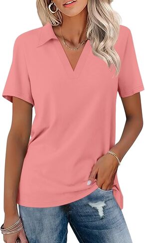 ORANDESIGNE Women's Short Sleeve V Neck Polo Shirts Summer Collared Tops Casual Loose Tees Orange Pink in Saudi Arabia