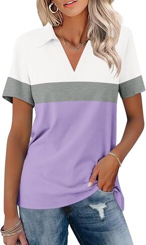 ORANDESIGNE Women's Short Sleeve V Neck Polo Shirts Summer Collared Tops Casual Loose Tees Orange Pink in Saudi Arabia