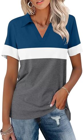 ORANDESIGNE Women's Short Sleeve V Neck Polo Shirts Summer Collared Tops Casual Loose Tees Orange Pink in Saudi Arabia