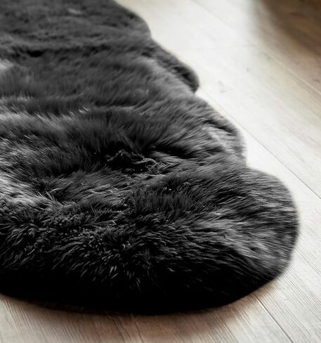 100% Genuine Long Wool Sheepskin Rug, Luxury New Zealand Sheepskin, Natural Silky Soft Lamb Skin, Thick & Fluffy, Long Runner for Bedroom & Living Area, 2x3 ft. (Black) in Saudi Arabia