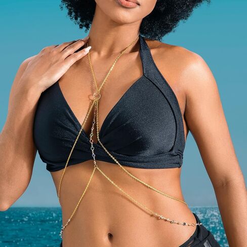 ELABEST Gold Body Chain Bead Crossover Body Chain Sun Pendant Layered Body Chain for Women in Saudi Arabia