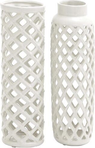 Deco 79 Ceramic Decorative Vase Centerpiece Vases with Cut Out Patterns, set of 2 Vases for Home Decoration 4" x 4" x 12", White in Saudi Arabia