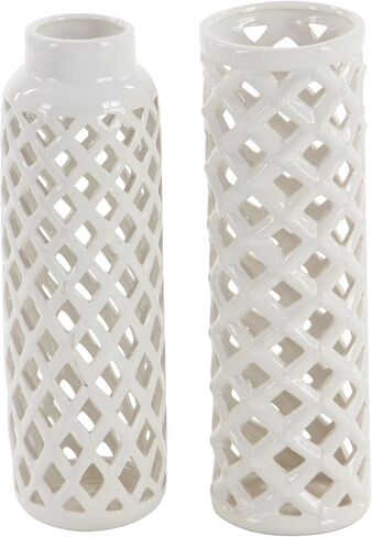 Deco 79 Ceramic Decorative Vase Centerpiece Vases with Cut Out Patterns, set of 2 Vases for Home Decoration 4" x 4" x 12", White in Saudi Arabia
