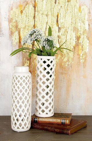 Deco 79 Ceramic Decorative Vase Centerpiece Vases with Cut Out Patterns, set of 2 Vases for Home Decoration 4" x 4" x 12", White in Saudi Arabia