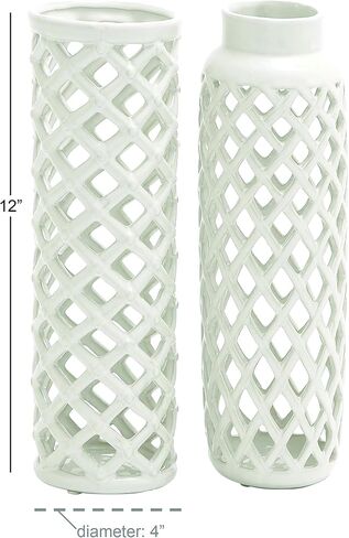 Deco 79 Ceramic Decorative Vase Centerpiece Vases with Cut Out Patterns, set of 2 Vases for Home Decoration 4" x 4" x 12", White in Saudi Arabia