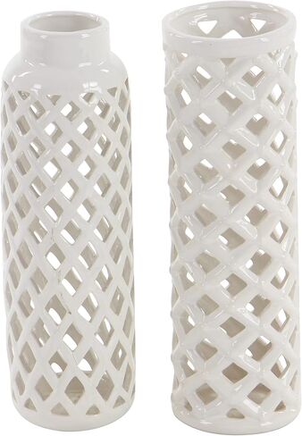 Deco 79 Ceramic Decorative Vase Centerpiece Vases with Cut Out Patterns, set of 2 Vases for Home Decoration 4" x 4" x 12", White in Saudi Arabia