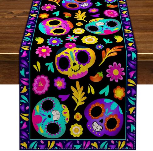 Nepnuser Sugar Skull Table Runner Day of The Dead Decoration Mexican Fiesta Dia De Los Muertos Home Decor Halloween Theme Party Supply Kitchen Dining Room Table Decor in Saudi Arabia
