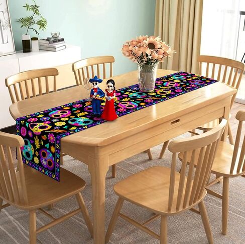 Nepnuser Sugar Skull Table Runner Day of The Dead Decoration Mexican Fiesta Dia De Los Muertos Home Decor Halloween Theme Party Supply Kitchen Dining Room Table Decor in Saudi Arabia