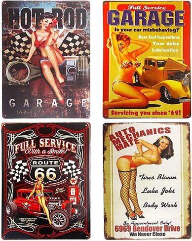 UOOPAI Pin-up Girl Hot Rod Garage Full Service Route 66 Auto Mechanics Mate Vintage Metal Sign Rural Wall Decor Antique Plaque Set of 4 in Saudi Arabia
