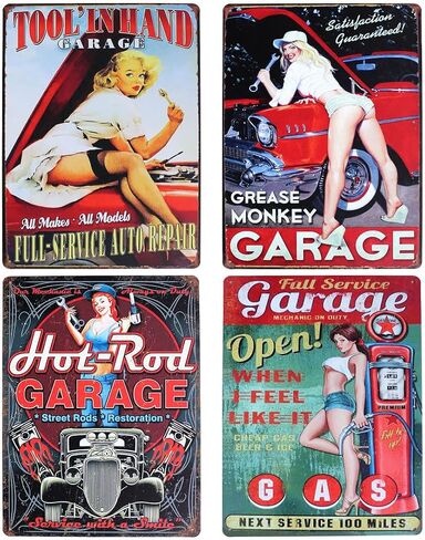 UOOPAI Pin-up Girl Hot Rod Garage Full Service Route 66 Auto Mechanics Mate Vintage Metal Sign Rural Wall Decor Antique Plaque Set of 4 in Saudi Arabia