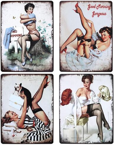 UOOPAI Pin-up Girl Hot Rod Garage Full Service Route 66 Auto Mechanics Mate Vintage Metal Sign Rural Wall Decor Antique Plaque Set of 4 in Saudi Arabia