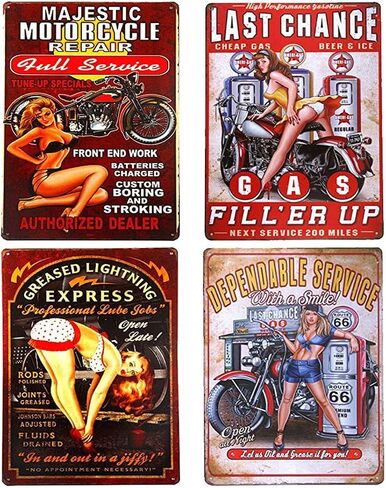 UOOPAI Pin-up Girl Hot Rod Garage Full Service Route 66 Auto Mechanics Mate Vintage Metal Sign Rural Wall Decor Antique Plaque Set of 4 in Saudi Arabia