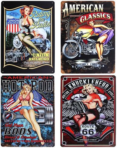 UOOPAI Pin-up Girl Hot Rod Garage Full Service Route 66 Auto Mechanics Mate Vintage Metal Sign Rural Wall Decor Antique Plaque Set of 4 in Saudi Arabia