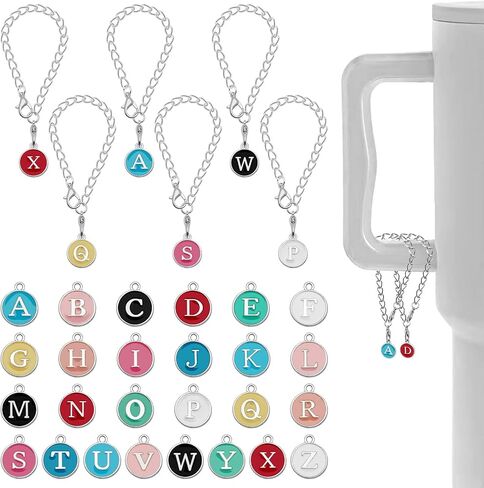 إكسسوارات سحر الحروف لكأس ستانلي، 26 قطعة سحر مقبض حرف الهوية مع 6 قطع سلاسل لكأس ستانلي بهلوان سحر التعريف الأولي لجميع مقابض أكواب الماء (ألوان وحروف عشوائية) in Kuwait