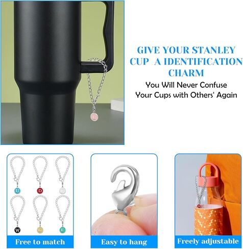 إكسسوارات سحر الحروف لكأس ستانلي، 26 قطعة سحر مقبض حرف الهوية مع 6 قطع سلاسل لكأس ستانلي بهلوان سحر التعريف الأولي لجميع مقابض أكواب الماء (ألوان وحروف عشوائية) in Kuwait