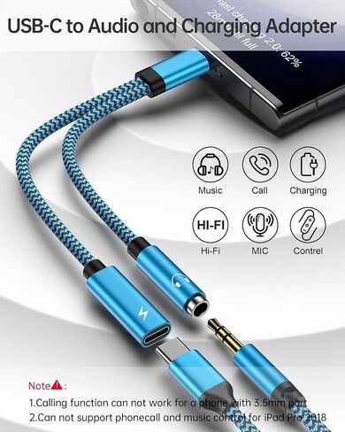 2Pack 2 in 1 USB C to 3.5mm Aux Adapter, Android Dongle C to C Fast Charging for Samsung Galaxy, Apple iPhone 15 Headphone Jack Adapter, 60W PD Aux Audio Cord Adoptor, Aux Male to Female Converter in Saudi Arabia