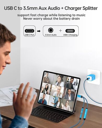 2Pack 2 in 1 USB C to 3.5mm Aux Adapter, Android Dongle C to C Fast Charging for Samsung Galaxy, Apple iPhone 15 Headphone Jack Adapter, 60W PD Aux Audio Cord Adoptor, Aux Male to Female Converter in Saudi Arabia