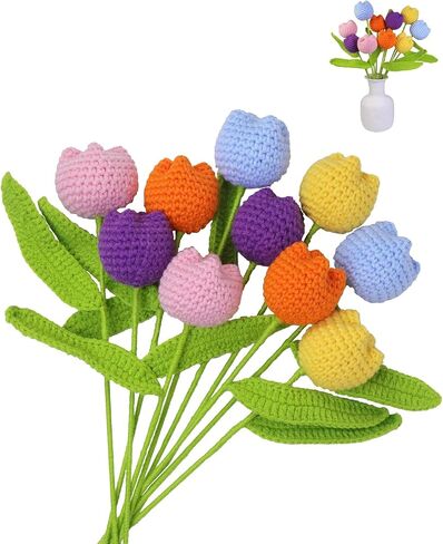 Handmade Crochet Flowers,10PCS Crochet Tulip with 10PCS Single Packaging Bag and 2PCS Bouquet Sleeves,Gifts for Mothers Day/Birthday/Anniversary/Valentine's Day/Christmas(Colorful) in Saudi Arabia