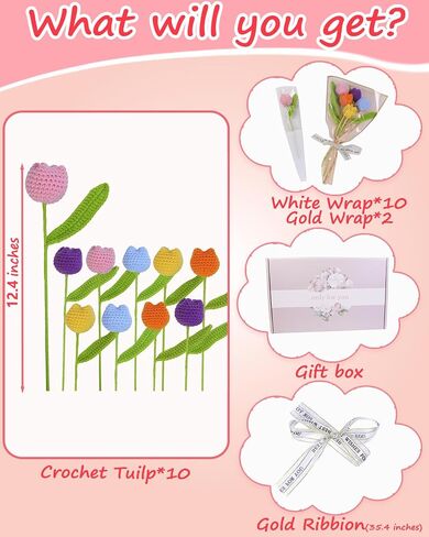Handmade Crochet Flowers,10PCS Crochet Tulip with 10PCS Single Packaging Bag and 2PCS Bouquet Sleeves,Gifts for Mothers Day/Birthday/Anniversary/Valentine's Day/Christmas(Colorful) in Saudi Arabia