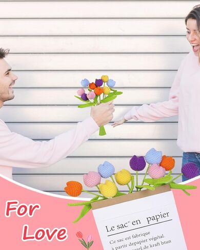 Handmade Crochet Flowers,10PCS Crochet Tulip with 10PCS Single Packaging Bag and 2PCS Bouquet Sleeves,Gifts for Mothers Day/Birthday/Anniversary/Valentine's Day/Christmas(Colorful) in Saudi Arabia