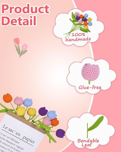 Handmade Crochet Flowers,10PCS Crochet Tulip with 10PCS Single Packaging Bag and 2PCS Bouquet Sleeves,Gifts for Mothers Day/Birthday/Anniversary/Valentine's Day/Christmas(Colorful) in Saudi Arabia
