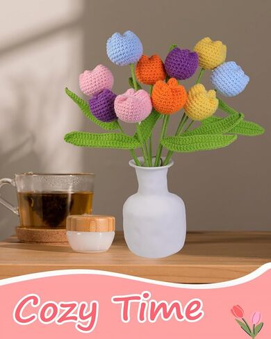 Handmade Crochet Flowers,10PCS Crochet Tulip with 10PCS Single Packaging Bag and 2PCS Bouquet Sleeves,Gifts for Mothers Day/Birthday/Anniversary/Valentine's Day/Christmas(Colorful) in Saudi Arabia