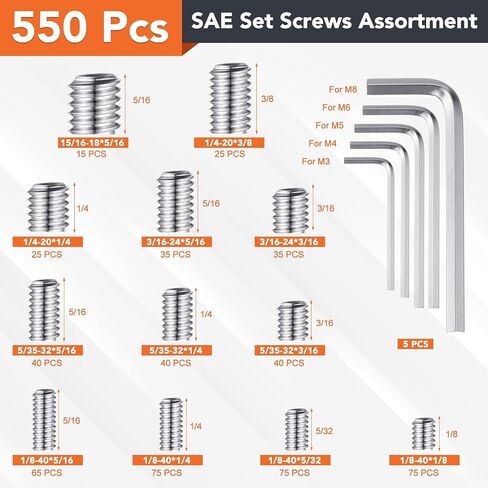 1400 Pcs 26 Size Set Screw Kit Metric&SAE Set Screw Assortment Kit 12.9 Alloy Steel Head Socket Hex Metric Set Screws Kit Black Zinc Plated Cup-Point Screws (M3-M8, 1/8"-40 to 5/16"-18) in Saudi Arabia