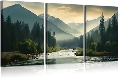 Framed 3Pcs Nature Landscape Wall Art Misty Forest Prints Mountain Pictures Dark Green Plant Posters Botanical River Canvas Painting Home Wall Decor for Living Room Bedroom Bathroom 16x24in in Saudi Arabia