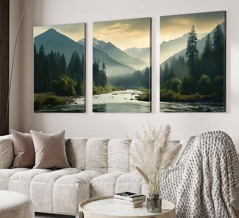 Framed 3Pcs Nature Landscape Wall Art Misty Forest Prints Mountain Pictures Dark Green Plant Posters Botanical River Canvas Painting Home Wall Decor for Living Room Bedroom Bathroom 16x24in in Saudi Arabia