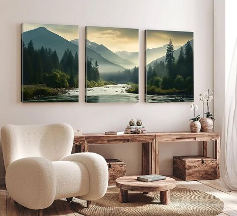 Framed 3Pcs Nature Landscape Wall Art Misty Forest Prints Mountain Pictures Dark Green Plant Posters Botanical River Canvas Painting Home Wall Decor for Living Room Bedroom Bathroom 16x24in in Saudi Arabia