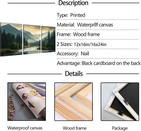 Framed 3Pcs Nature Landscape Wall Art Misty Forest Prints Mountain Pictures Dark Green Plant Posters Botanical River Canvas Painting Home Wall Decor for Living Room Bedroom Bathroom 16x24in in Saudi Arabia
