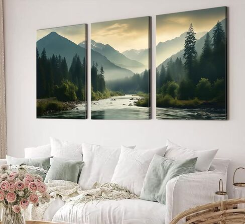 Framed 3Pcs Nature Landscape Wall Art Misty Forest Prints Mountain Pictures Dark Green Plant Posters Botanical River Canvas Painting Home Wall Decor for Living Room Bedroom Bathroom 16x24in in Saudi Arabia
