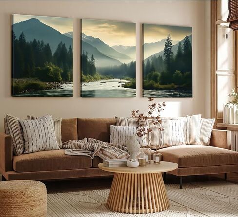 Framed 3Pcs Nature Landscape Wall Art Misty Forest Prints Mountain Pictures Dark Green Plant Posters Botanical River Canvas Painting Home Wall Decor for Living Room Bedroom Bathroom 16x24in in Saudi Arabia