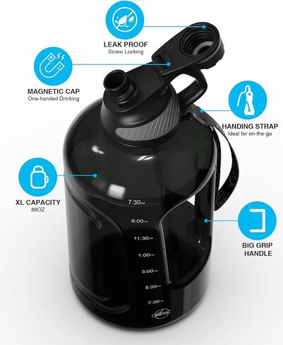 زجاجة مياه من جويامي، تريتان خالية من مادة BPA، إبريق ماء سعة 88 أونصة مع علامة زمنية، غطاء مغناطيسي، خالية من مادة BPA ومقاومة للتسرب، زجاجة مياه رياضية قابلة لإعادة الاستخدام للسفر في الهواء الطلق، والعمل، واللياقة البدنية، وصالة الألعاب الرياضية، 2.6 ل in Kuwait