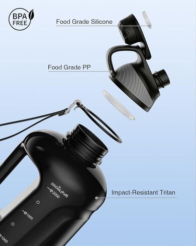 زجاجة مياه من جويامي، تريتان خالية من مادة BPA، إبريق ماء سعة 88 أونصة مع علامة زمنية، غطاء مغناطيسي، خالية من مادة BPA ومقاومة للتسرب، زجاجة مياه رياضية قابلة لإعادة الاستخدام للسفر في الهواء الطلق، والعمل، واللياقة البدنية، وصالة الألعاب الرياضية، 2.6 ل in Kuwait