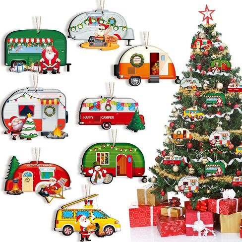 32 Pieces Happy Campers Christmas Ornaments Caravan Christmas Wooden Ornaments Xmas Tree Decorations Vintage Santa RV Trailer Hanging Ornament for Holiday Christmas Home Party Crafts in Saudi Arabia
