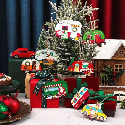 32 Pieces Happy Campers Christmas Ornaments Caravan Christmas Wooden Ornaments Xmas Tree Decorations Vintage Santa RV Trailer Hanging Ornament for Holiday Christmas Home Party Crafts in Saudi Arabia