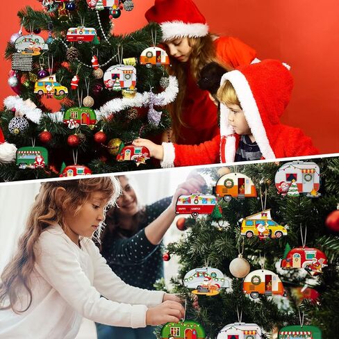 32 Pieces Happy Campers Christmas Ornaments Caravan Christmas Wooden Ornaments Xmas Tree Decorations Vintage Santa RV Trailer Hanging Ornament for Holiday Christmas Home Party Crafts in Saudi Arabia