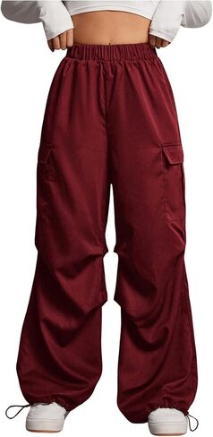 Women's Elastic High Waisted Cargo Pants Y2K Baggy Wide Leg Drawstring Parachute Sweatpants with Pockets in Saudi Arabia