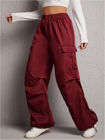 Women's Elastic High Waisted Cargo Pants Y2K Baggy Wide Leg Drawstring Parachute Sweatpants with Pockets in Saudi Arabia